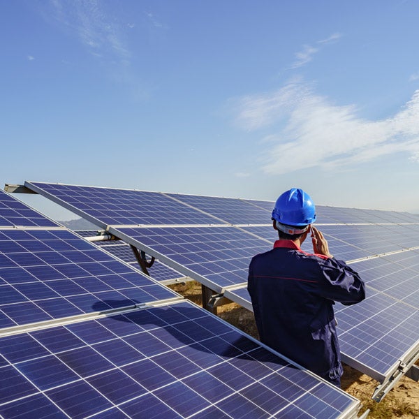 man standing is solar field on phone